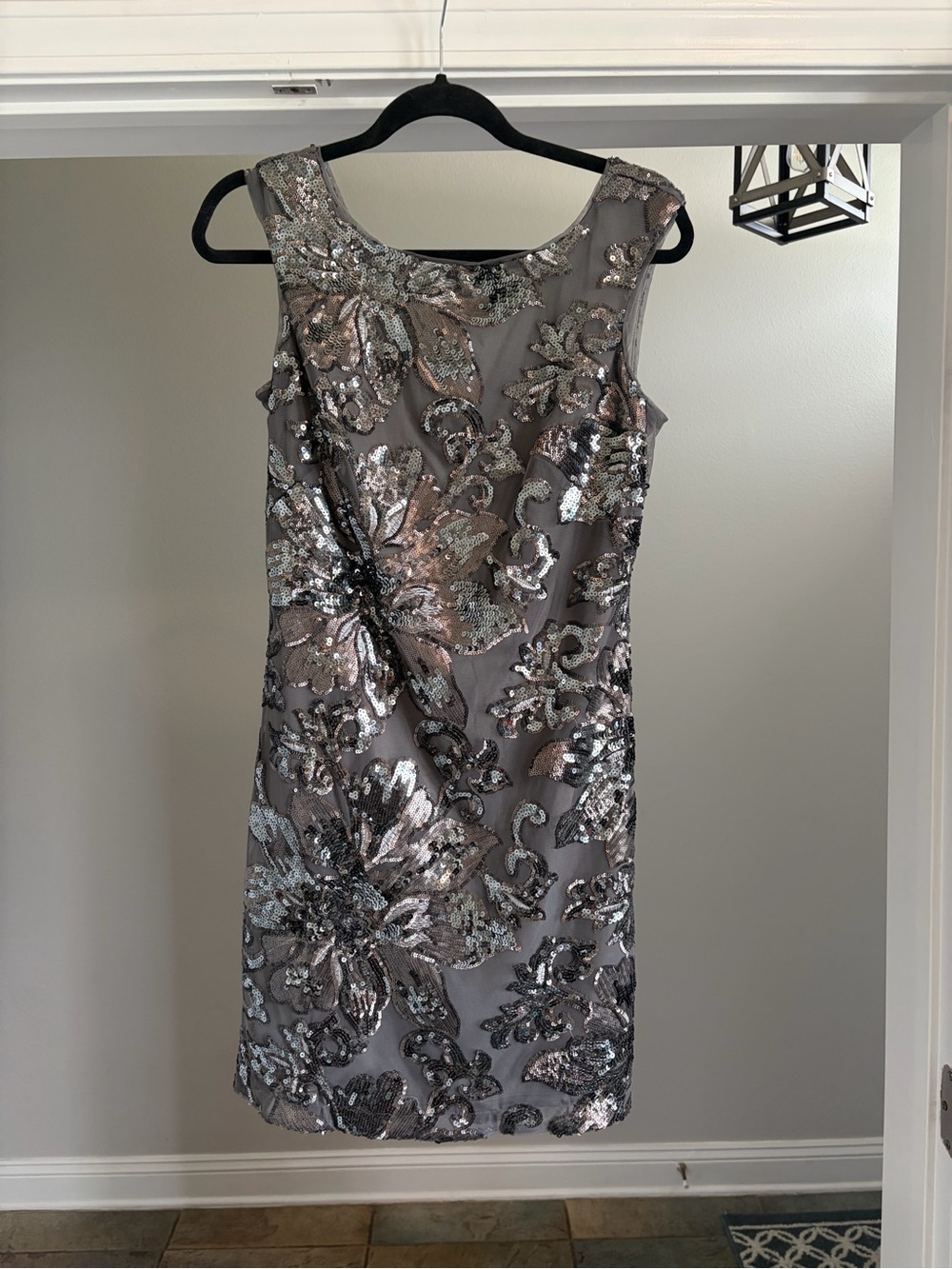 White House Black Market Silver Floral Sequin Sheath Midi Dress